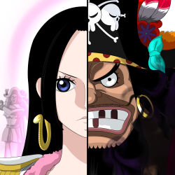 Rule 34 | 1boy, 1girl, absurdres, beard, black eyes, black hair, blue eyes, boa hancock, clenched teeth, closed mouth, commentary, commentary request, earrings, english commentary, epaulettes, facial hair, hat, highres, hoop earrings, jewelry, jolly roger, long hair, looking at viewer, lotus2099, marshall d. teach, missing tooth, mixed-language commentary, one piece, pirate hat, skull and crossbones, snake earrings, teeth