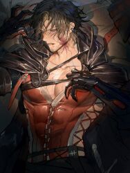Rule 34 | 1boy, bed, black cape, black hair, blood, blood from mouth, blue eyes, cape, clive rosfield, eboda-x, facial hair, facial tattoo, final fantasy, final fantasy xvi, gloves, highres, leather vest, mustache stubble, red robe, robe, stubble, tattoo, teardrop earring