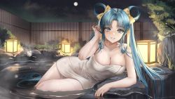 Rule 34 | 1girl, absurdres, adjusting hair, bathhouse, blue eyes, blue hair, breasts, cleavage, dripping, elbow rest, full moon, grin, hair ribbon, highres, in water, lantern, large breasts, lillly, looking at viewer, lying, moon, naked towel, on side, onsen, original, outdoors, parted bangs, ribbon, seductive smile, smile, solo, thighs, towel, twintails, wet