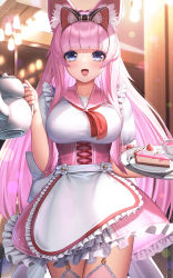 Rule 34 | 1girl, :d, animal ear fluff, animal ears, apron, blue eyes, blush, breasts, cake, cake slice, commission, copyright request, cowboy shot, food, frilled apron, frilled skirt, frills, fruit, garter straps, high-waist skirt, highres, holding, holding teapot, holding tray, indoors, large breasts, long hair, looking at viewer, neckerchief, open mouth, pink hair, pink sailor collar, pink skirt, pink thighhighs, plate, puffy short sleeves, puffy sleeves, red neckerchief, sailor collar, shirt, short sleeves, skeb commission, skirt, smile, solo, strawberry, suraimu (suraimuraimu), teapot, thighhighs, tray, waitress, white apron, white shirt