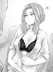 Rule 34 | 1girl, boku no hero academia, bra, breasts, cleavage, lace, lady nagant, large breasts, medium hair, monochrome, prison, prison clothes, prisoner, shpo, sketch, unbuttoned, underwear