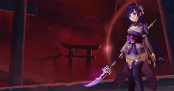 Rule 34 | 1girl, armor, braid, breasts, cavalierchu, cleavage, closed mouth, coattails, commentary request, flower, genshin impact, hair ornament, highres, holding, holding polearm, holding spear, holding weapon, japanese clothes, kimono, large breasts, long hair, naginata, polearm, purple eyes, purple flower, purple hair, raiden shogun, ribbon, sash, shoulder armor, solo, spear, standing, tassel, thighhighs, torii, weapon