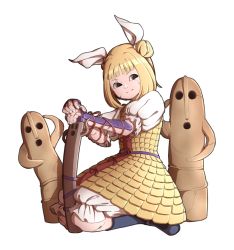 Rule 34 | 1girl, arm guards, armor, blonde hair, blue footwear, boots, crack, double bun, fingernails, hair ribbon, haniwa (statue), head tilt, highres, joutouguu mayumi, knee boots, light smile, looking at viewer, mefomefo, pants, puffy pants, ribbon, seiza, short hair, simple background, sitting, solo, touhou, white background, white pants, yellow eyes