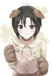 Rule 34 | 1girl, animal collar, animal ears, animal hands, antenna hair, black eyes, black hair, blush, brown background, brown gloves, brown hoodie, brown overalls, choker, claws, closed mouth, collar, commentary, dog ears, drawstring, gloves, hair between eyes, hood, hood down, hoodie, idolmaster, idolmaster (classic), kikuchi makoto, light smile, looking at viewer, mogskg, overalls, paw gloves, paw print, red choker, short hair, smile, solo, strap slip, upper body, very short hair, white background