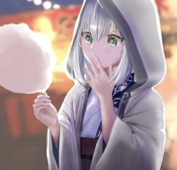 Rule 34 | 1girl, ahoge, bag, blurry, blurry background, coat, fate (series), gray (fate), hair between eyes, highres, hood, hood up, hooded coat, japanese clothes, kimono, long hair, lord el-melloi ii case files, maru (pjnh8882), open clothes, open coat, solo, upper body, white coat, white hair, white kimono