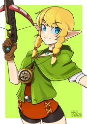 Rule 34 | 1girl, absurdres, black choker, black shorts, blonde hair, blue eyes, braid, brown gloves, capelet, choker, closed mouth, commentary, english commentary, gem, gloves, green capelet, highres, holding, holding weapon, hyrule warriors, linkle, mag (magdraws), nintendo, pointy ears, shorts, smile, solo, split mouth, the legend of zelda, twin braids, weapon