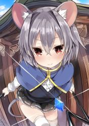 Rule 34 | 1girl, animal ears, capelet, greatmosu, grey hair, jpeg artifacts, miniskirt, mouse ears, mouse tail, nazrin, pendulum, red eyes, rod, skirt, solo, sparkling eyes, tail, thighhighs, touhou, white thighhighs, zettai ryouiki