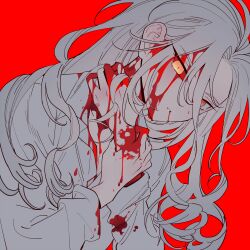 Rule 34 | bad id, bad pixiv id, blood, blood from mouth, blood on clothes, blood on face, blood on hands, colored sclera, ensemble stars!, grey hair, hand on own neck, hand up, heterochromia, highres, long hair, long sleeves, male focus, meremero, ran nagisa, red background, red sclera, upper body, yellow eyes