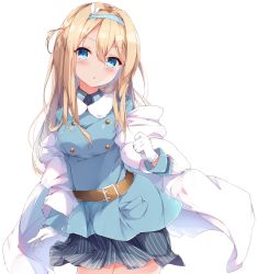 Rule 34 | 1girl, :o, belt, belt buckle, blonde hair, blue eyes, blue hairband, blue jacket, blue skirt, breasts, brown belt, buckle, commentary request, commission, cowboy shot, fur-trimmed jacket, fur collar, fur trim, fuuna, girls&#039; frontline, gloves, hair between eyes, hairband, highres, jacket, long hair, long sleeves, looking at viewer, medium breasts, one side up, parted lips, simple background, skeb commission, skirt, solo, standing, striped clothes, striped skirt, suomi (girls&#039; frontline), vertical-striped clothes, vertical-striped skirt, very long hair, white background, white gloves