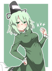 Rule 34 | &gt;:/, 1girl, :/, blush, breasts, covered navel, dress, electricity, ghost tail, green eyes, green hair, hand on own hip, hat, highres, kz oji, looking at viewer, short hair, small breasts, soga no tojiko, solo, tate eboshi, touhou, v-shaped eyebrows