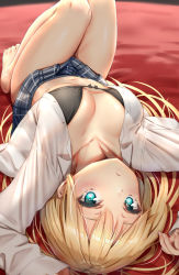 Rule 34 | 1girl, arms up, bare legs, barefoot, black bra, blonde hair, blue eyes, blue skirt, blurry, blurry background, blush, bow, bow bra, bra, breasts, closed eyes, collarbone, collared shirt, commentary request, depth of field, dress shirt, fingernails, highres, knees up, long hair, long sleeves, looking at viewer, lying, navel, on back, open clothes, open shirt, original, pleated skirt, reinama, school uniform, shirt, skirt, sleeves past wrists, small breasts, solo, toenails, underwear, upside-down, very long hair, white shirt