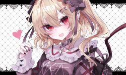 Rule 34 | 1girl, alternate costume, backpack, bag, black choker, black nails, blonde hair, blush, choker, clothes writing, fang, fingernails, flandre scarlet, heart, highres, long hair, long sleeves, looking at viewer, nail polish, one side up, open mouth, portrait, rori82li, skin fang, smile, solo, touhou, yellow eyes