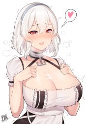Rule 34 | 1girl, absurdres, anchor choker, azur lane, band-width, black dress, blush, breasts, cleavage, cum, cum on body, cum on breasts, cum on upper body, dress, eyelashes, facial, hair between eyes, hair intakes, hairband, hand up, heart, heart-shaped pupils, heart print, highres, large breasts, light smile, looking at viewer, open mouth, puffy short sleeves, puffy sleeves, red eyes, short hair, short sleeves, signature, simple background, sirius (azur lane), solo, symbol-shaped pupils, tareme, upper body, white background, white dress, white hair