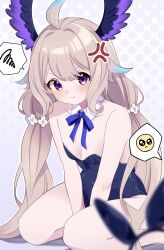 Rule 34 | 1girl, ahoge, anger vein, animal ears, annoyed, arms between legs, bare shoulders, blonde hair, blush, breasts, cleavage, collarbone, detached collar, emoji, enna alouette, fake animal ears, flower, frown, furrowed brow, glaring, hair flower, hair ornament, head wings, highres, kano3, leotard, long hair, looking at viewer, low twintails, multicolored hair, nijisanji, nijisanji en, nose blush, playboy bunny, pleading face emoji, pout, pov, rabbit ears, seiza, sitting, small breasts, solo, speech bubble, spoken emoji, twintails, two-tone hair, very long hair, virtual youtuber, wings