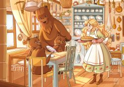 Rule 34 | 1girl, 4others, apron, bear, blonde hair, blush, boots, brown footwear, chair, commentary, cup, dining room, dress, eating, food, goldilocks, goldilocks and the three bears, green dress, green eyes, highres, holding, holding tray, indoors, jam, long hair, looking at another, maria dresden, multiple others, oven mitts, pie, plate, serving tray, spanish commentary, stool, table, tray, white apron, wooden chair, wooden floor