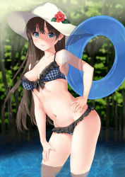 Rule 34 | 1girl, absurdres, armpits, bare arms, bare shoulders, bikini, black hair, blue bikini, blue eyes, blurry, blurry background, breasts, cleavage, collarbone, day, flower, forest, front-tie bikini top, front-tie top, groin, halterneck, hand on own hip, hand on own thigh, hat, hat flower, highres, innertube, long hair, looking at viewer, medium breasts, nature, navel, original, outdoors, parted lips, red flower, solo, standing, stomach, sun hat, sunlight, swim ring, swimsuit, thighs, tree, unasaka ryou, wading, water, white hat