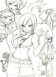Rule 34 | 6+girls, armor, buckle, closed mouth, collarbone, contrapposto, eating, japanese armor, looking at viewer, meiko (vocaloid), midriff, monochrome, multiple girls, navel, profile, sakine meiko, short hair, shorts, shoulder armor, simple background, sketch, smirk, sode, standing, stomach, vocaloid, white background