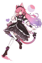 Rule 34 | 1girl, ahoge, animal ears, bare shoulders, black dress, boots, cat ears, cat girl, cat tail, detached sleeves, dress, frilled dress, frills, full body, gothic lolita, hairband, heterochromia, highres, ideolo, indie virtual youtuber, leg up, lolita fashion, looking at viewer, mikeneko (vtuber), mikeneko (vtuber) (1st costume), no nose, pink hair, pon-chan (mikeneko), purple eyes, red eyes, ribbon, simple background, smile, solo, strapless, strapless dress, stuffed animal, stuffed toy, tail, virtual youtuber, white legwear