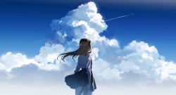 Rule 34 | 1girl, artist name, black skirt, blouse, blue sky, brown hair, cloud, commentary request, contrail, cumulonimbus cloud, day, from behind, hanako151, highres, holding, holding shoes, long hair, original, outdoors, pleated skirt, scenery, shirt, shirt tucked in, shoes, unworn shoes, signature, skirt, sky, solo, standing, white shirt, wind