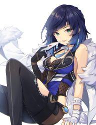 Rule 34 | 1girl, asymmetrical gloves, black gloves, blue hair, blush, bob cut, breasts, card, diagonal bangs, dice, earrings, fingerless gloves, fur-trimmed jacket, fur trim, genshin impact, gloves, green eyes, highres, holding, jacket, jacket on shoulders, jewelry, looking at viewer, medium breasts, mismatched gloves, mole, mole on breast, parted lips, playing card, shirase (shirose), simple background, solo, vision (genshin impact), white background, white gloves, white jacket, yelan (genshin impact)