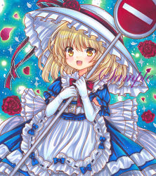 Rule 34 | 1girl, :d, alternate costume, apron, blonde hair, blue bow, blue dress, blue ribbon, bow, bowtie, buttons, cowboy shot, dress, elbow gloves, flower, frilled apron, frilled dress, frilled gloves, frilled hat, frilled shirt collar, frills, gloves, hat, hat flower, hat ribbon, holding, holding sign, huge bow, kana anaberal, lace, lace-trimmed ribbon, lace trim, looking at viewer, marker (medium), open mouth, petals, puffy short sleeves, puffy sleeves, red bow, red bowtie, red flower, red ribbon, red rose, ribbon, ribbon-trimmed apron, ribbon trim, road sign, rose, rui (sugar3), sample watermark, short sleeves, sign, smile, solo, stop sign, touhou, touhou (pc-98), traditional media, two-tone dress, waist apron, watermark, white apron, white bow, white dress, white gloves, white hat, yellow eyes