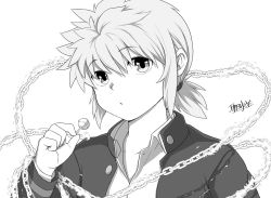 Rule 34 | 1other, :o, arc (housamo), candy, chain, collared shirt, commentary request, fire, food, gakuran, greyscale, hijirino yuuta, holding, holding candy, holding food, holding lollipop, lollipop, long sleeves, looking at viewer, monochrome, open clothes, school uniform, shirt, short hair, sidelocks, simple background, solo, tokyo houkago summoners, upper body