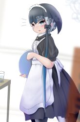 Rule 34 | 1girl, absurdres, alternate costume, apron, black dress, black pantyhose, blue eyes, blue hair, blush, cetacean tail, dress, enmaided, fins, fish tail, frilled apron, frills, grey hair, highres, kemono friends, kemono friends 3, looking at viewer, maid, maid apron, maid headdress, morrowine, multicolored hair, narwhal (kemono friends), official alternate costume, pantyhose, puffy short sleeves, puffy sleeves, short hair with long locks, short sleeves, solo, tail, tray, whale girl, white apron