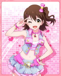 Rule 34 | &gt;;d, 10s, 1girl, ;d, armpits, bare shoulders, bow, bracelet, brown eyes, brown hair, card (medium), choker, female focus, hair bow, hair ornament, hairclip, hand on own hip, idolmaster, idolmaster million live!, jewelry, kasuga mirai, kawakami tetsuya, looking at viewer, lots of jewelry, million dreams (idolmaster), navel, official art, one eye closed, one side up, open mouth, pink theme, skirt, smile, solo, v, v-shaped eyebrows