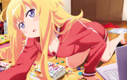 Rule 34 | 10s, 1girl, all fours, barefoot, blonde hair, blue eyes, blush, bottle, breasts, coke bottle, computer, detexted, downblouse, feet, gabriel dropout, gabriel tenma white, jacket, laptop, long hair, long sleeves, looking at viewer, messy hair, messy room, no bra, no pants, official art, open mouth, small breasts, solo, third-party edit, track jacket, watanabe mai, water bottle