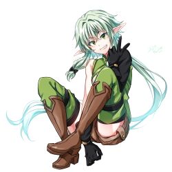 Rule 34 | 1girl, asymmetrical sleeves, black bow, black gloves, boots, bow, brown footwear, brown shorts, commentary request, dated, elf, full body, gloves, goblin slayer!, green eyes, green hair, grin, hair bow, high elf archer (goblin slayer!), highres, kankitukou, long hair, looking at viewer, pointy ears, shorts, simple background, smile, solo, v, white background