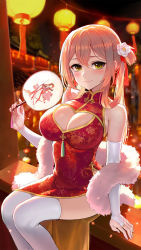 Rule 34 | 1girl, armpit crease, backlighting, bad id, bad pixiv id, bare shoulders, blurry, blurry background, blush, breasts, bridal gauntlets, brown hair, bullpup, china dress, chinese clothes, cleavage, cleavage cutout, closed mouth, clothing cutout, commentary request, depth of field, dress, feather boa, feet out of frame, flower, girls&#039; frontline, green eyes, gun, hair flower, hair ornament, hair rings, hand fan, holding, holding fan, lantern, large breasts, long hair, looking at viewer, night, paper lantern, red dress, side slit, sidelocks, sitting, sleeveless, sleeveless dress, smile, solo, springfield (girls&#039; frontline), taesi, tassel, thighhighs, thighs, white flower, white thighhighs