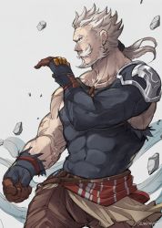 Rule 34 | 10s, 1boy, bad id, bad pixiv id, beard, blue eyes, clenched hand, cowboy shot, earrings, facial hair, fighting stance, granblue fantasy, grey background, jewelry, male focus, manly, muscular, mustache, old, old man, ponytail, rock, scar, simple background, solo, soriz, twitter username, wind, wind lift, yji