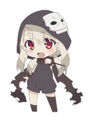 Rule 34 | 1girl, :d, assassin (fate/zero), assassin (fate/zero) (cosplay), black jumpsuit, black thighhighs, blonde hair, blush, chibi, commentary request, cosplay, fate/kaleid liner prisma illya, fate (series), full body, hair between eyes, holding, holding weapon, hooded jumpsuit, illyasviel von einzbern, jumpsuit, long hair, looking at viewer, mask, mask on head, official art, open mouth, red eyes, ribbed jumpsuit, simple background, single thighhigh, sleeveless, smile, solo, standing, thighhighs, weapon, white background, zettai ryouiki