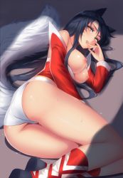 Rule 34 | 1girl, ahri (league of legends), animal ears, ass, blue hair, boots, breasts, breasts out, clothes down, colored eyelashes, detached sleeves, facial mark, finger to mouth, fox ears, fox tail, from behind, korean clothes, large breasts, league of legends, long hair, looking at viewer, lying, nipples, no pants, off shoulder, on side, panties, solo, spichis, tail, thighs, underwear, whisker markings, white panties