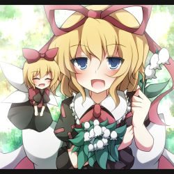 Rule 34 | 1girl, blonde hair, blue eyes, bow, creta (taku10), closed eyes, fairy wings, female focus, flower, hair bow, hair ribbon, letterboxed, lily of the valley, medicine melancholy, multiple girls, open mouth, puffy sleeves, ribbon, shirt, short sleeves, skirt, smile, su-san, touhou, wings