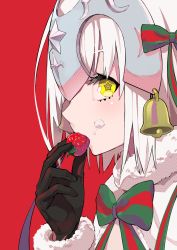 Rule 34 | 1girl, bell, black gloves, bow, capelet, commentary request, cream, cream on face, fate/grand order, fate (series), food, food on face, fruit, fur-trimmed capelet, fur-trimmed gloves, fur trim, gloves, green bow, hair bow, headpiece, highres, holding, holding food, jeanne d&#039;arc (fate), jeanne d&#039;arc alter santa lily (fate), lam (ramdayo), profile, red background, simple background, solo, star-shaped pupils, star (symbol), strawberry, striped, striped bow, symbol-shaped pupils, white capelet, white hair, yellow eyes