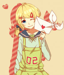 Rule 34 | 1girl, blonde hair, blue eyes, clothes writing, hair ornament, hairclip, kagamine rin, letter, looking at viewer, love letter, one eye closed, short hair, smile, solo, subaru (sbr116), twintails, vocaloid, wink