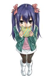 Rule 34 | 1girl, black pantyhose, blue hair, boots, brown eyes, fairy tail, fur boots, gift, jacket, knee boots, long hair, mashima hiro, pantyhose, simple background, skirt, snow boots, solo, twintails, valentine, wendy marvell, white background, white footwear