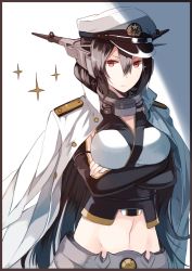 Rule 34 | 1girl, admiral (kancolle) (cosplay), admiral (kancolle), black hair, borrowed clothes, cosplay, crossed arms, gloves, hair between eyes, hanokage, hat, jacket, kantai collection, long hair, midriff, nagato (kancolle), red eyes, solo, sparkle, uniform
