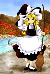 Rule 34 | 2girls, apron, autumn, backpack, bag, beach, black footwear, black headwear, black skirt, black vest, blonde hair, blue hair, blue shirt, blue sky, bow, braid, broom, buttons, day, frilled apron, frilled sleeves, frilled socks, frills, green headwear, hand on headwear, hand up, hat, hat bow, heel up, highres, holding, holding broom, kawashiro nitori, kirisame marisa, landscape, long hair, long sleeves, looking at viewer, mountain, mountain of faith, mountainous horizon, multiple girls, nature, outdoors, parasite oyatsu, partially submerged, river, rock, shirt, shoes, shore, side braid, single braid, skirt, sky, smile, socks, solo focus, standing, touhou, vest, waist apron, water, wavy hair, white apron, white bow, white shirt, white socks, witch, witch hat, yellow eyes, zun (style)
