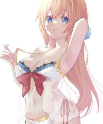 Rule 34 | 1girl, arm up, armpits, asymmetrical hair, bikini, blonde hair, blue eyes, blush, bow, bracelet, braid, breasts, cleavage, commentary, hair between eyes, highres, jewelry, long hair, looking at viewer, medium breasts, navel, parted lips, pecorine (princess connect!), pecorine (summer) (princess connect!), princess connect!, red bow, see-through, side-tie bikini bottom, side braid, simple background, single braid, solo, stomach, straight hair, strap pull, swimsuit, toramaru (toramal9831), upper body, wet, wet hair, white background, white bikini