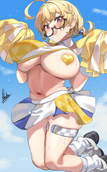Rule 34 | 1girl, absurdres, ahoge, alternate breast size, black-framed eyewear, blonde hair, blue archive, blue sky, breasts, cloud, commentary, day, english commentary, eyelashes, heart pasties, highres, holding, holding pom poms, huge breasts, kotori (blue archive), kotori (cheer squad) (blue archive), long eyelashes, long hair, looking at viewer, millennium cheerleader outfit (blue archive), navel, official alternate costume, official alternate hairstyle, open mouth, outdoors, pasties, piukute062, plump, pom pom (cheerleading), pom poms, red eyes, shoes, signature, sky, socks, solo, sweat, thighs, white socks