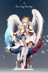 Rule 34 | 2girls, angel wings, apron, back bow, black footwear, blonde hair, blue dress, bobby socks, bow, breasts, commentary, crescent moon, dress, feathered wings, flying, frilled dress, frills, gengetsu (touhou), hair bow, highres, holding, holding sword, holding weapon, maid, maid headdress, mary janes, moon, mugetsu (touhou), multiple girls, pantyhose, puffy short sleeves, puffy sleeves, red bow, red footwear, red ribbon, ribbon, shoes, short hair, short sleeves, siblings, sisters, sitting, small breasts, socks, sword, touhou, touhou (pc-98), weapon, white apron, white bow, white dress, white legwear, white wings, wings, yellow eyes, yorktown cv-5