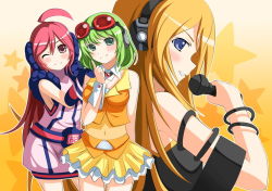 Rule 34 | 3girls, ahoge, bad id, bad pixiv id, blonde hair, blue eyes, gloves, goggles, goggles on head, green eyes, green hair, gumi, headphones, lily (vocaloid), long hair, microphone, multiple girls, red eyes, red hair, sf-a2 miki, short hair, smile, vocaloid, wink, yakitori (oni)