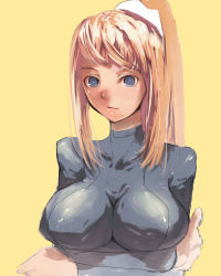 Rule 34 | 1girl, bad id, bad pixiv id, blonde hair, blue eyes, bodysuit, breasts, breasts squeezed together, large breasts, metroid, nintendo, ponytail, samus aran, shiny clothes, skin tight, solo, waa, zero suit