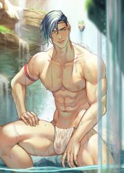 Rule 34 | 1boy, abs, armband, artist name, bara, biceps, blue hair, fundoshi, green eyes, highres, japanese clothes, jouvru, male focus, male underwear, muscular, navel, nipples, no pants, one eye closed, original, pectorals, rock, tattoo, thick thighs, thighs, topless male, underwear, water, waterfall, wet, wet clothes, wet fundoshi