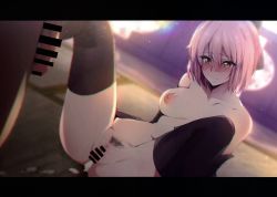 Rule 34 | 1boy, 1girl, absurdres, aftersex, backlighting, bar censor, black thighhighs, blush, breasts, censored, chromatic aberration, collarbone, cum, cum in pussy, fate/grand order, fate (series), female pubic hair, flaccid, half updo, highres, huge filesize, kappipe (brd0520), large breasts, letterboxed, navel, nipples, nude, okita souji (fate), okita souji (koha-ace), penis, pink hair, pubic hair, scan, spread legs, tatami, thighhighs, yellow eyes