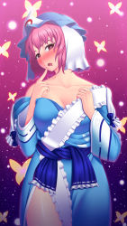 Rule 34 | 1girl, amase (yagami666), bad id, bad pixiv id, breasts, bug, butterfly, cleavage, female focus, hat, highres, bug, japanese clothes, large breasts, open mouth, pink eyes, pink hair, saigyouji yuyuko, sash, short hair, smile, touhou, triangular headpiece, wavy mouth