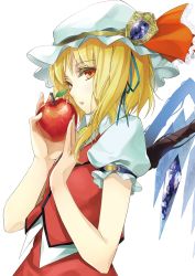 Rule 34 | 1girl, apple, arm garter, blonde hair, blue ribbon, crystal, flandre scarlet, food, from side, fruit, hair ribbon, hat, hat ornament, hat ribbon, holding, holding food, holding fruit, lace, lace-trimmed ribbon, lace trim, looking at viewer, mob cap, parted lips, puffy short sleeves, puffy sleeves, red eyes, red ribbon, red vest, ribbon, short sleeves, side ponytail, skirt, skirt set, solo, touhou, tsurukame, upper body, vest, wings