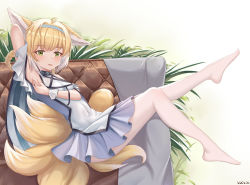 Rule 34 | 1girl, animal ear fluff, animal ears, arknights, armpits, arms behind head, artist name, bare shoulders, blonde hair, blouse, blue hairband, blush, braid, braided hair rings, chinese commentary, commentary request, couch, flower, fox ears, fox girl, fox tail, frilled skirt, frills, full body, green eyes, hair rings, hairband, highres, infection monitor (arknights), kitsune, looking at viewer, looking to the side, luoloo, multicolored hair, no shoes, on couch, open mouth, pantyhose, plant, presenting armpit, shirt, sitting, skirt, solo, suzuran (arknights), tail, twin braids, two-tone hair, white hair, white pantyhose, white shirt, white skirt